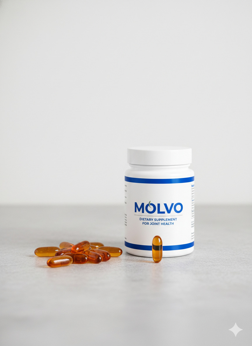 Molvo supplement jar with label and capsules arranged on a neutral tabletop
